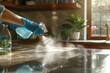 Disinfecting kitchen table surface for covid-19 prevention with sanitizing spray and gloves