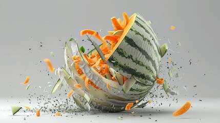 a sliced up watermelon sitting on top of a pile of cut up pieces of orange and white food.