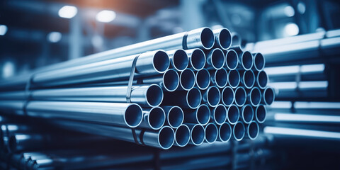 Wall Mural - A stack of steel pipes in a warehouse or factory with a blurry background.	
