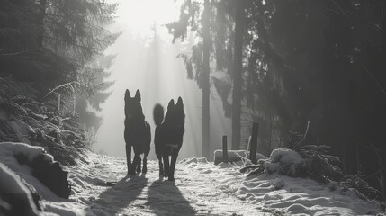 two dogs walking down a snow covered path in the middle of a forest with the sun shining through the trees.