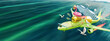 Green airplane with luggage and beach accessories flying over sea water. Summer travel concept background with copy space. 3D Rendering, 3D Illustration