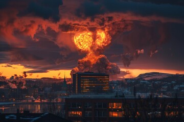 Wall Mural - A large explosion is seen in the sky above a city