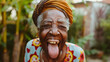happy old black granny sticking tongue out