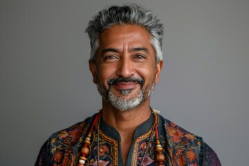 Wall Mural - A man with a beard and gray hair is smiling and wearing a colorful vest