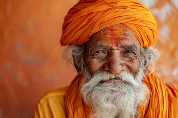 Wall Mural - A man with a beard and mustache wearing an orange scarf and turban