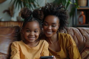 A mother and daughter are sitting on a couch, smiling