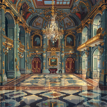 Video Game Landscape Of A Ballroom, Romantic Games, Pixel Art Of A Castle's Ballroom, Video Game Graphics