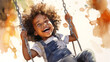 Happy African American kid laughing on a swing on a warm sunny day on a playground. Concept of carefree play, happy childhood, summer fun. Watercolor illustration