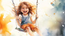 Cheerful Kid Girl Laughing On A Swing On A Warm Sunny Day On A Playground. Concept Of Carefree Play, Childhood, Summer Fun, And Outdoor Activities. Watercolor Illustration