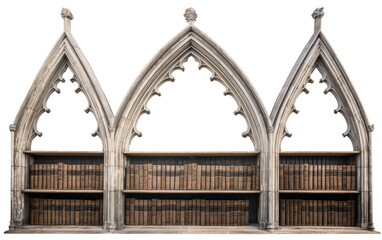 A book shelf standing before two gothic style windows