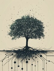 Wall Mural - sleek drawing of a digital tree with roots in a network pattern, on a network growth background, con