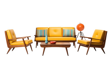 A cozy living room featuring a vibrant yellow couch and two chairs