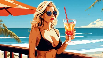 Wall Mural - A young beautiful woman with glasses with a glass in her hands in a cafe on the beach. Video in the style of vector illustration