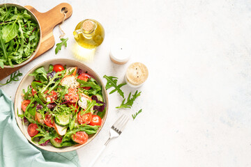 Wall Mural - Green salad with baked chicken breast, fresh salad leaves and vegetables.