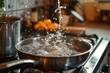 cook sterilizing water in a saucepan in the kitchen