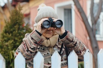 Wall Mural - curious old woman looking with binoculars