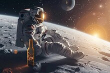 Astronaut Sits On The Moon With A Bottle Of Drink