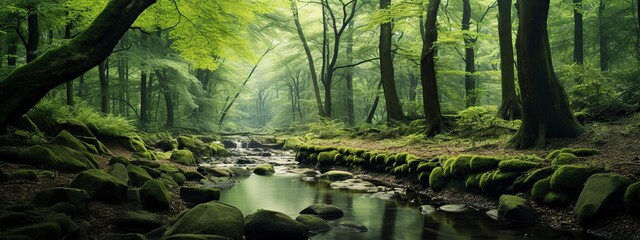 Wall Mural - lush green forest with nature of tranquil beauty