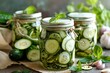 glass jar with pickled cucumbers