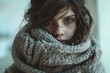 beautiful teenage girl sick with her throat wearing a scarf on her neck