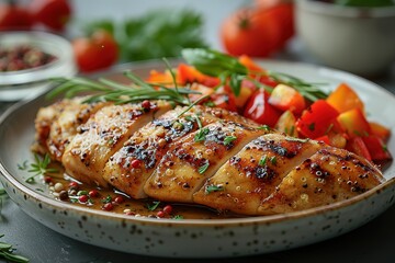 Wall Mural - A plate of chicken with steamed vegetables and quinoa on a white background