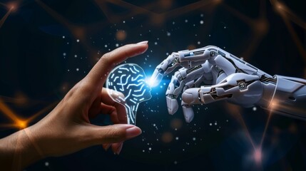 Leinwandbilder - Human Hand Interacting With Robotic Arm Against Futuristic Background
