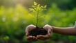 In the hands of trees growing seedlings. Bokeh green Background Female hand holding tree