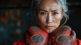 Fototapeta Sport - Chinese woman professional heavyweight boxer with vintage boxing gloves. Generative AI