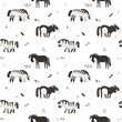 Cute horses grazing in a meadow, black and white seamless vector pattern