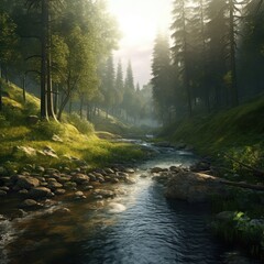 Canvas Print - Tranquil Sunrise Over Forest River Stream