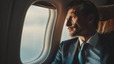 Fototapeta  - Business man sitting in airplane and looking at window wallpaper background