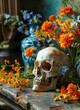 Still life with human skull and flowers
