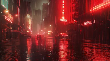 Wall Mural - Cyberpunk streets illustration, futuristic city, dystoptic artwork at night, 4k wallpaper. Rain foggy, moody empty future