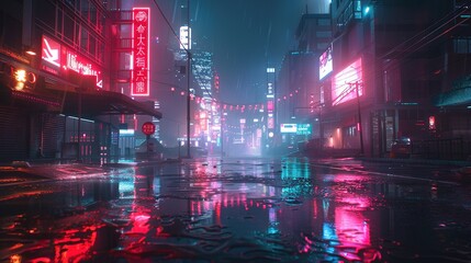 Cyberpunk streets illustration, futuristic city, dystoptic artwork at night, 4k wallpaper. Rain foggy, moody empty future