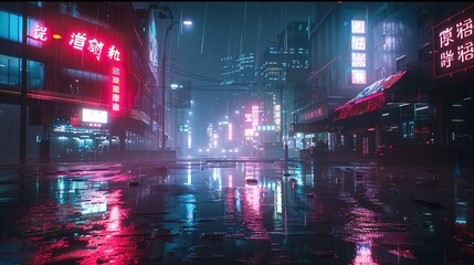 Wall Mural - Cyberpunk streets illustration, futuristic city, dystoptic artwork at night, 4k wallpaper. Rain foggy, moody empty future