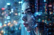Deepfake concept with young woman's face covered in blue digital data, binary code and augmented reality data