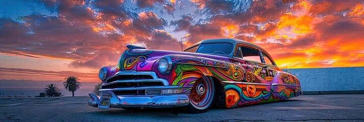 Wall Mural - Colorful psychedelic low rider car on the road during sunset