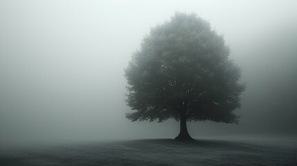 Wall Mural - Single tree in a mountain field - fog - haze - clouds - black and white photo 