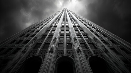 Wall Mural - Low angle shot of a skyscraper - clouds - dramatic - black I and white photo - building - office 