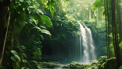 Sticker - Tropical waterfall in rainforest. Waterfall in rainforest, AI Generated