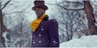 Young millennial model wearing purple overcoat, brown hat, and gold scarf