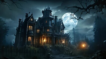 Poster - Halloween night scene with haunted house and full moon. Halloween background, AI Generated