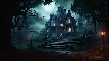 Canvas Print - Scary halloween background with haunted house and spooky tree, AI Generated