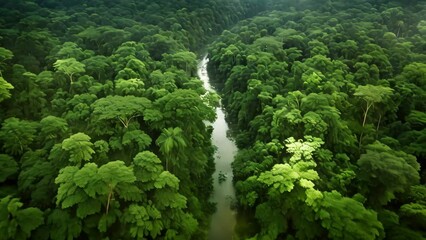 Canvas Print - Aerial view of a river flowing through a dense green forest, AI Generated