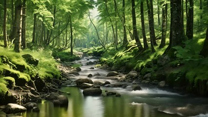 Sticker - Beautiful green forest with a river flowing through it. Summer landscape, AI Generated