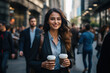 Radiant young businesswoman holding coffee cups, walking confidently on a busy street.