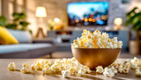 Fototapeta  - Schüssel mit Popcorn im Hintergrund ein laufender Fernseher 