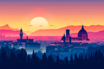 A flat vector gradient skyline illustration of Florence City of Italy. Beautiful European City.