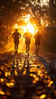 Three runners in silhouette against the golden light of the setting sun, jogging down a forest path glistening with rain.Active healthy lifestyle.