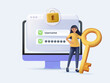 Woman with login and password. Authorization and authentication. Protection of personal data and information on internet. User enter to account or profile. Cartoon 3D vector illustration